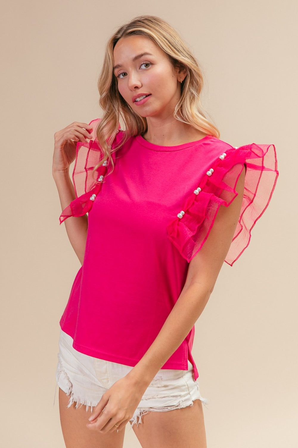 BiBi Pearl Decor Mesh Ruffle Sleeve Top