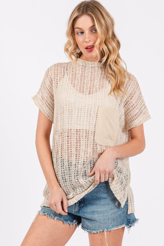 Ces Femme See Through Crochet Mock Neck Cover Up