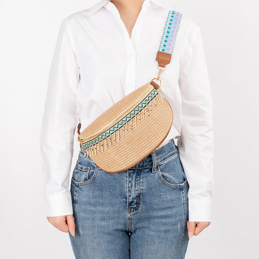 Bead Trim Straw Weave Crossbody Bag